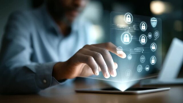 Professional using digital interface with checklist and security icons cybersecurity visualization data protection dashboard secure access platform identity verification system