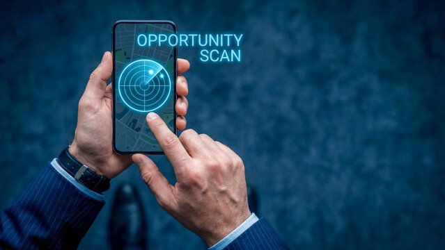 Business high level planning concept on mobile radar screen opportunity scan idea search in city map technology optimistic focus - Powered by Adobe