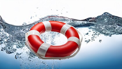 red and white lifebuoy ring floating in splashing water with bubbles on white background