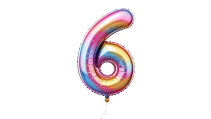 Colorful shiny metallic number six balloon floating isolated on transparent background for celebrations