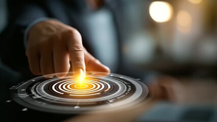 Professional pointing at strategic goal icon on virtual roadmap interface business milestone visualization project planning dashboard success trajectory mapping digital