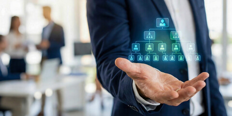 Business high level planning concept for human resource management structure with digital hologram in modern office meeting environment