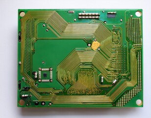 green printed circuit board with gold traces and mounted electronic components on white background