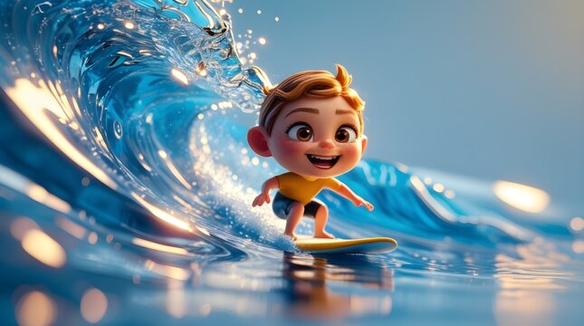 Little boy surfing on a wave with a big smile on his face