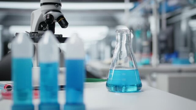 Close up of laboratory workbench filled with colorful chemical solutions in glass flasks and beakers. Empty chemistry workspace prepared for liquid reagent experiments and compound testing