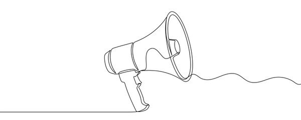 A handheld megaphone on a horizontal line with a wavy extension. Drawing in one line art style with editable black stroke. Vector illustration. © chekman