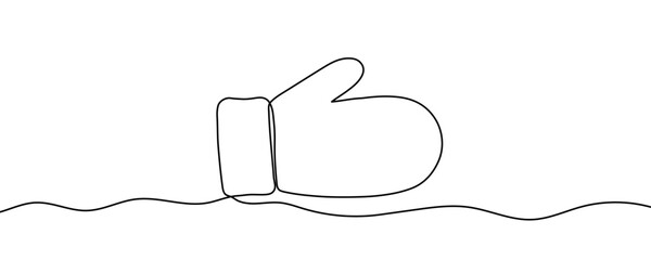A single warm mitten on a wavy horizontal line. Drawing in one line art style with black stroke. Vector illustration.
