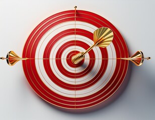 red and white concentric dartboard with golden dart hitting bullseye on white background