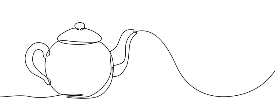 One continuous line of a classic teapot. Line art of a teapot with a lid. Drawing in one line style with a black stroke. Vector illustration.