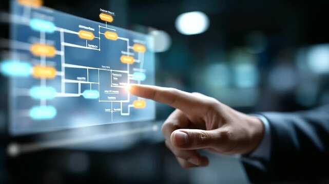 Business hand interacting with virtual flowchart interface process automation visualization workflow design dashboard system integration mapping decision making framework