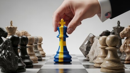 Conceptual news background showing a hand with a US flag pin moving a Swedish flag chess king. Symbolic of geopolitical strategy, diplomatic moves, and the US-Sweden alliance in global politics