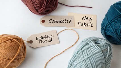 Yarn and tags showing concepts of connection and new fabric