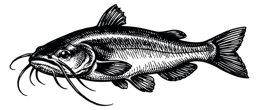 Vintage hand drawn line art illustration of a catfish depicting a freshwater fish for fishing and restaurant themes