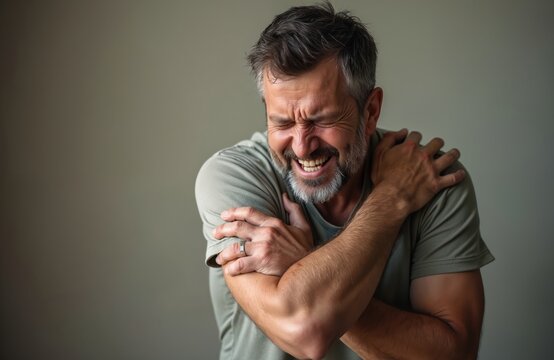 Mature man feels intense arm pain holding shoulder in distress. He winces from severe ache likely from injury or chronic condition causing discomfort and immobility.