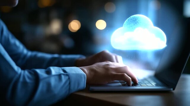 Professional using cloud computing for secure data management virtual interface visualization file sharing platform cloud storage dashboard cybersecurity integration digital