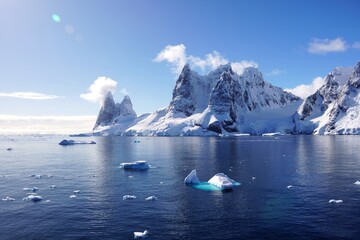 View of sharp mountains in Antarctica and small icebergs