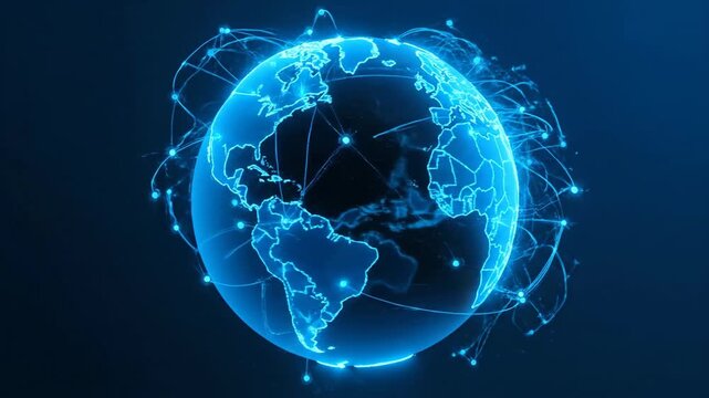 Global network connections illustrated with a glowing blue globe and interconnected lines.