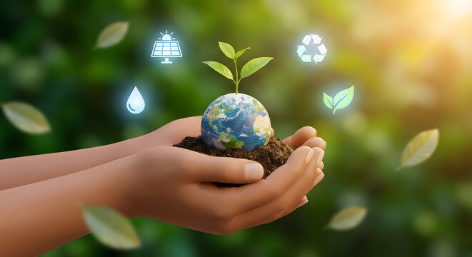 cupped hands holding earth globe with green plant growing from soil and icons for solar energy recycling water conservation and nature on blurred green background - Powered by Adobe
