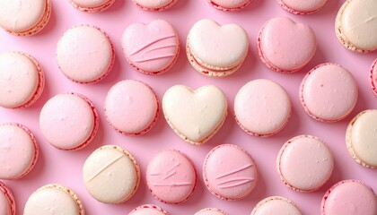 Obraz premium Pink background with macaros and macaron macarons on light pink background stock.