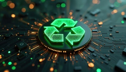 Green recycling symbol glows on circuit board. Digital arrows surround icon. Futuristic tech integrates with eco-friendly concept. Green light accents on black.