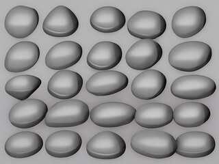 Collection of smooth, rounded, abstract 3D shapes resembling pebbles or stones
