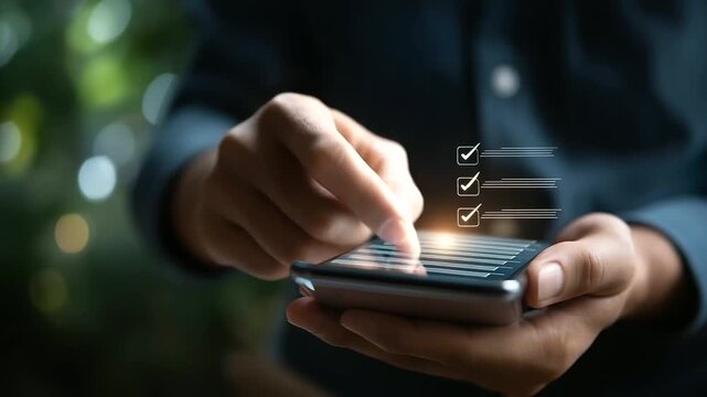 Business hand using smartphone with digital checklist task management interface visualization workflow optimization dashboard mobile planning system productivity organization