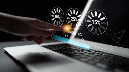 A concept of a system update and software installation. A progress bar and loading icons showing the update percentage and status. Motif