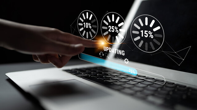 A concept of a system update and software installation. A progress bar and loading icons showing the update percentage and status. Motif - Powered by Adobe
