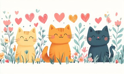 Three smiling cartoon cats sitting in a spring garden with colorful flowers and floating heart shapes, representing friendship and love