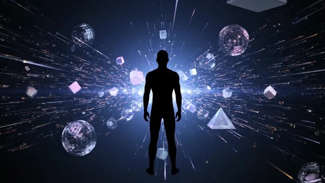 A human silhouette stands in a dark, abstract digital environment with glowing data streams and floating 3D geometric shapes. This represents technology, AI, and virtual reality.