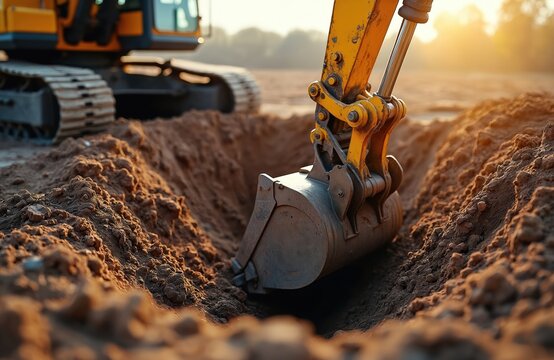 Yellow excavator bucket digs deep dirt trench. Earthworks underway for underground pipe installation or septic system build. Heavy machine operates on construction site preparing land.