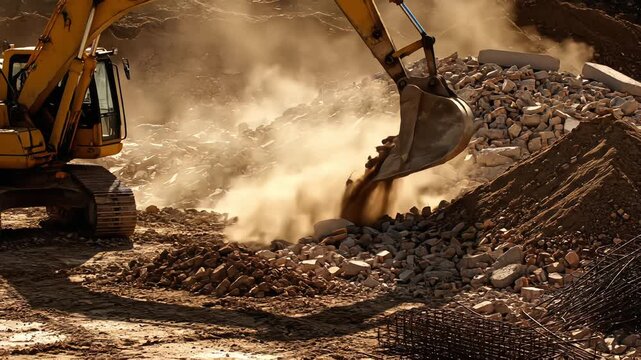 A heavy excavator scoops up a pile of broken bricks and demolition debris, raising a thick cloud of dust on a construction site