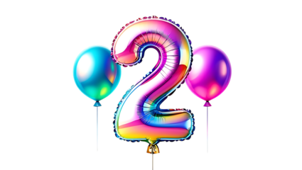 Colorful number two balloon with shiny reflective surface and curly decorative ribbon isolated