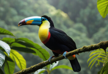 Obraz premium Colorful Plate-billed Mountain-Toucan perched on branch in forest of Latin America