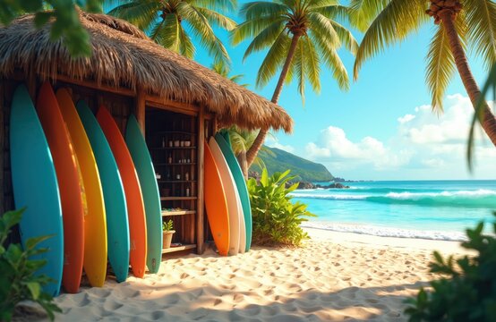 Surfboard rental hut on sandy beach with palm trees. Colorful surfboards stand by wooden shack next to ocean waves. Sunny day on tropical island.