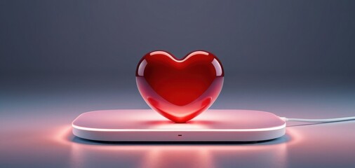 red heart glowing on a modern platform, banner space concept of love, tech, health