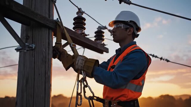 Progressive High Voltage Line Worker Installing Insulators at Sunset
