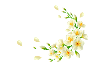 Elegant white and yellow cymbidium orchid flowers with green stems isolated on transparent background