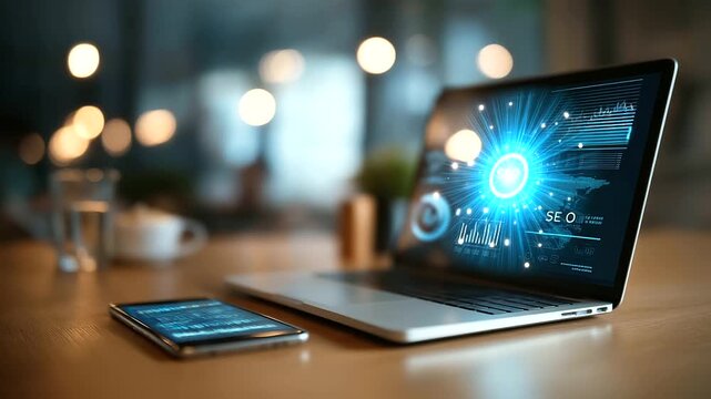 Digital marketing optimization with AI tools on mobile and laptop SEO analytics interface content automation platform search engine visualization online business intelligence