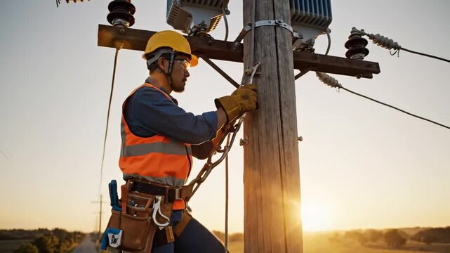 Electrician inspecting and repairing power lines on a utility pole at sunset
