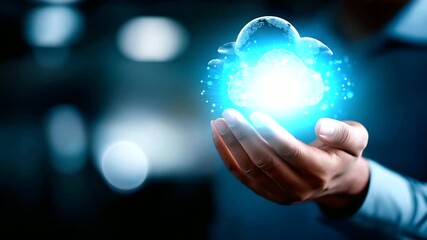 Professional holding AI cloud computing icon with data network visualization artificial intelligence infrastructure storage and processing system innovative technology platform - Powered by Adobe