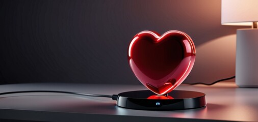 glowing red heart on charging base, dark background, banner, concept of love, romance, tech