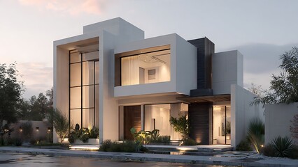 Fototapeta premium A modern house with large windows and well lit interior stands in a serene environment with plants and trees surrounding it