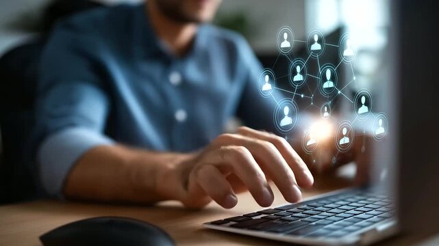 Professional using CRM interface with customer data visualization targeting and analytics icons relationship management dashboard data segmentation platform personalized market
