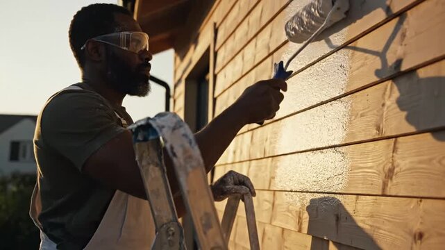 Man Painting Wooden Wall with Roller Brush During Sunset Outdoor Scene