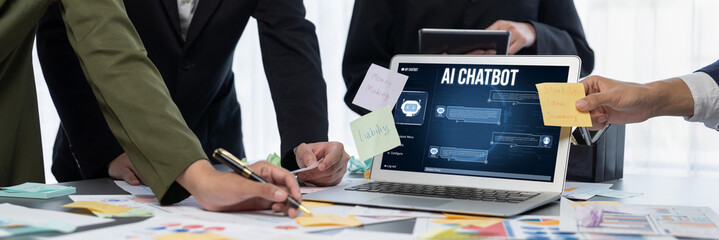 Analyst team use sticky note for creative and analytic brainstorm for business idea with BI data dashboard on laptop screen. Analysis financial data visualization tech for marketing strategy. Prodigy