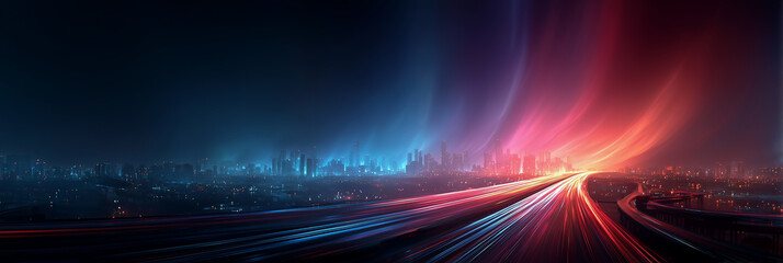 Futuristic city highway at night with long exposure light trails, abstract blue and red light waves over urban skyline, high speed and data transfer concept