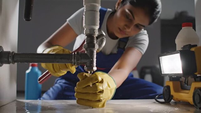 Young woman conducting scientific experiment with water and safety gear in