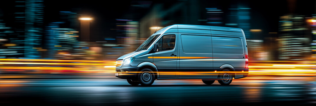 Silver delivery van driving fast through city at night with long exposure light trails, express shipping and logistics concept, blurred urban background.