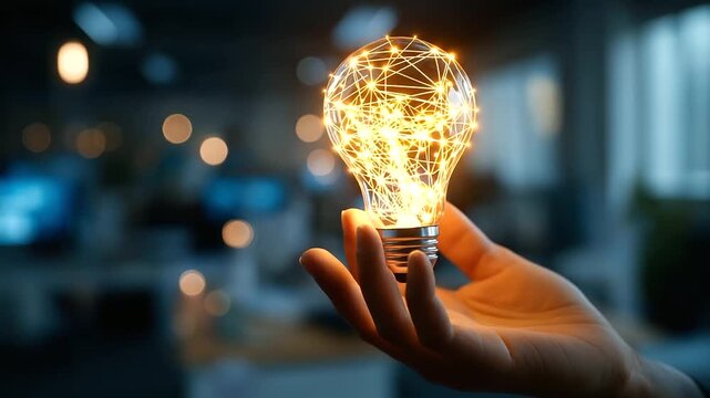 Hand holding illuminated light bulb with neural network visualization and data streams artificial intelligence innovation concept big data analytics creative technology solution